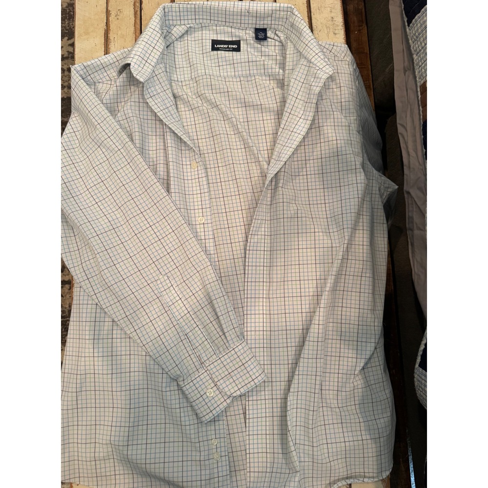 Lands End Mens XL Regular Fit Tattersall Plaid Button Down Shirt Blue Green